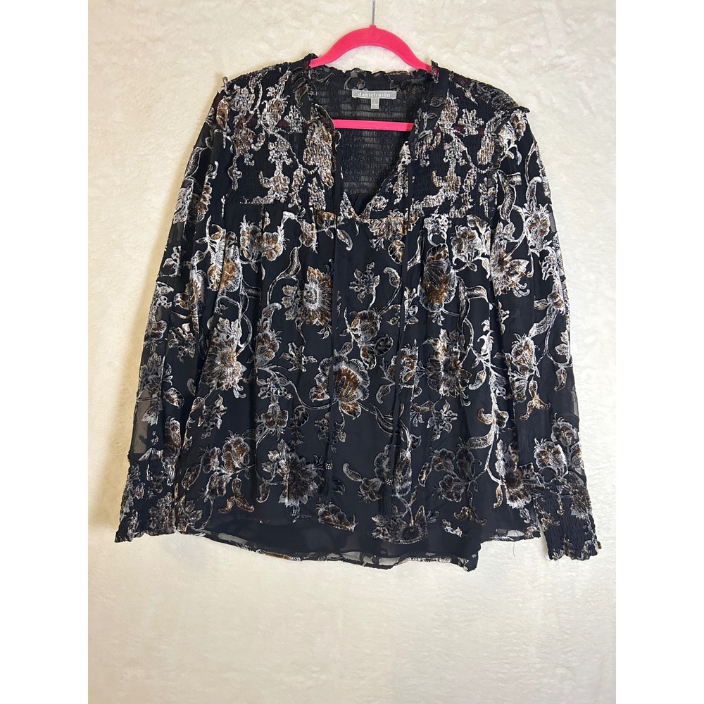 Daniel Rainn Floral Velvet Burnout Blouse Womens Large Black Gold Smocked Tassel